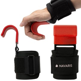 Navaris Lifting Straps with Hooks for Strength Training, Lifting Aid Set for Fitness, Bodybuilding, Joint Protection, Professional Strength Sports Straps with Metal Hooks, Red