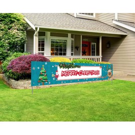 Qchomee Large Merry Christmas Banner for Outdoor Home Party Hanging Decoration Huge Xmas Garden Yard Banners Shop Christmas Sign Banner Party Decoration Supplies Indoor (9.8x 1.6 feet)