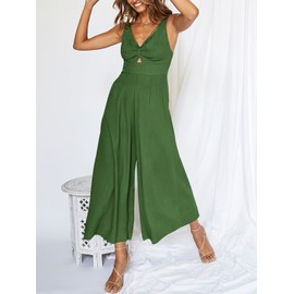 ANRABESS Women's Jumpsuits Summer Wide Leg Sleeveless V Neck Casual Dressy Linen Pants Rompers 2025 Vacation Beach Outfits Green Large