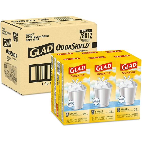 Glad Small Trash Bags - OdorShield 4 Gallon White Trash Bag, Gain Fresh Scent with Febreze - 26 Count - Pack of 6 (Package May Vary) (78812)