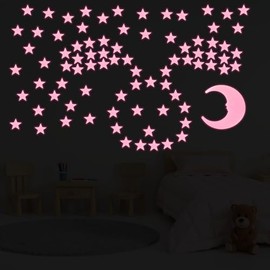 100 Stars & 1 Moon Glow in The Dark Stars for Ceiling, Pink Glowing Wall Stickers with Adhesive Pads, Plastic Luminous Fluorescent 3D Glowing Star for Boys and Girls Room Decor