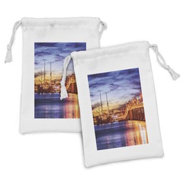 Ambesonne United States Fabric Pouch Set of 2, St. Augustine Florida Famous Bridge of Lions Dreamy Sunset Majestic, Small Drawstring Bag for Toiletries Masks and Favors, 9" x 6", Orange Blue Coral