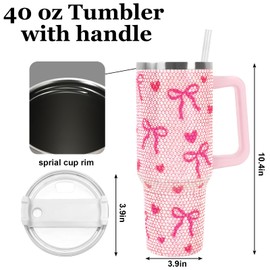 JarThenaAMCS Pink Bow Tumbler with Lid and Straw 40oz Rhinestone Bowknot Heart Tumbler with Handle Stainless Steel Cup for Home Office Travel