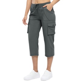 TBMPOY Womens Cargo Capris Hiking Lightweight Pants 6 Pockets Quick Dry Casual Outdoor Trip Loose Shorts Cropped Cotton Dark Grey L