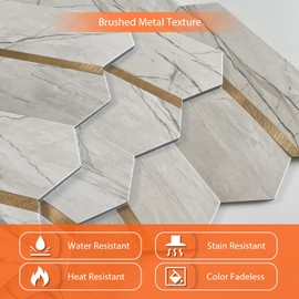 Betywal Peel and Stick Backsplash Tile for Kitchen and Bathroom - 10 Sheets Stick on Backsplash Long Hexagon Marble Look PVC Self Adhesive Mosaic Wall Tiles(Rust Grey)