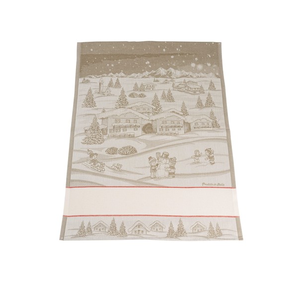 Filet - Christmas Tea Towel in Pure Cotton Jaquard, Size 81 x 57 cm, with Aida Insert to Embroider, Landscape Pattern, Rope Colour, Nice Gift Idea, Made in Italy