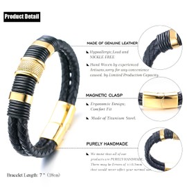 Halukakah Kids Solo Junior Boys 6-12 Years Black Genuine Leather Titanium Honor Gold Beads Bracelet Golden Magnetic Clasp Size Adjustable 18-19.5 cm with Free Gift Box, Leather Metal, No gems
