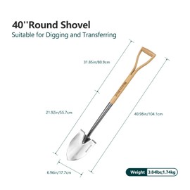 Berry&Bird Round Point Gardening Shovel with Wood D-Handle, 40.98" Stainless Steel Beach & Snow Shovel