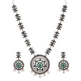 Efulgenz Oxidized Indian Jewelry Necklace Sets Oxidized Choker Necklace Earrings Set Indian Oxidized Jewelry Antique Boho Green Crystal Faux Pearl Round Leaf Floral Necklace Dangle Earrings Bohemian