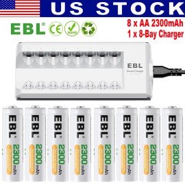 EBL 8Pcs 2300mAh AA Rechargeable Batteries + Charger For AA AAA Ni-MH/Cd Battery