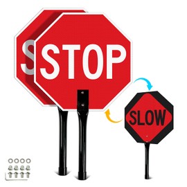 T&R (2 Pack) Stop Slow Sign with Handle, 13 x 13 Inches Double Sided Stop/Slow Traffic Sign, Rust Free Aluminum Reflective, Weather Resistant, Waterproof, Fade Resistant, Easy to Mount.