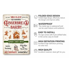 Old Fashioned Gingerbread Bakery Christmas Metal Tin Sign Christmas Decor Wall Art for Home Cafe Kitchen Farmhouse Winter Retro Wall Decor Plaque 8x12 Inch