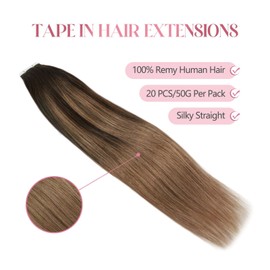 Sixstarhair Real Hair Extensions Tape 40 cm 20 Pieces 50 g Tape-In Hair Extensions Short Hair Dark Brown Faded to Chestnut Brown Ombre #2/6