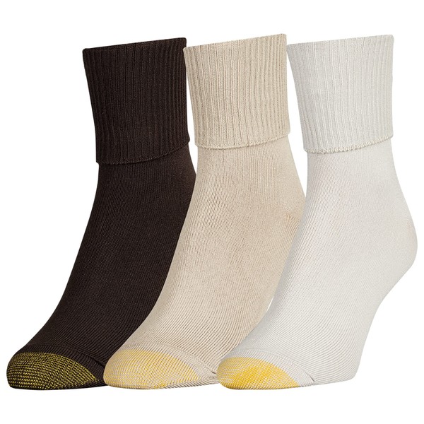 GOLDTOE Women's Providence Turn Cuff Socks, 3-Pairs, Khaki/String, Medium