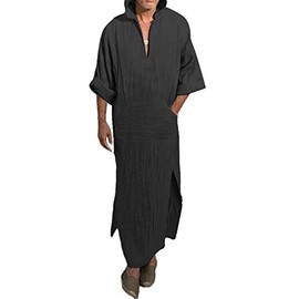 Jacansi Men's V-neck Short Sleeve Robe Side Split Kaftan Cotton Long Gown Thobe S-3XL, 3# Black, Large