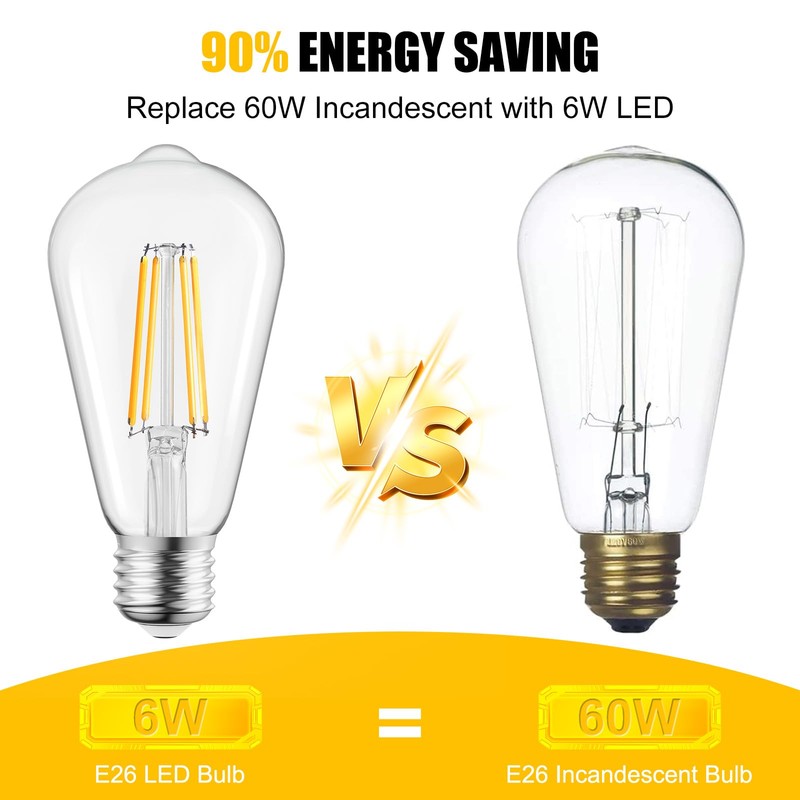 Brightown 6 Pack LED Edison Light Bulbs, 6W, Equivalent 60W,