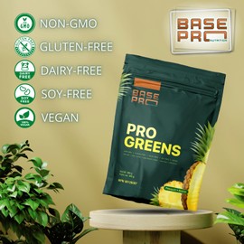 Pro Greens Pro Greens - Pineapple | Base Pro Nutrition | 300 grams - 30 servings | Vegan, Non-GMO, Gluten-Free, Soy-Free, Dairy-Free | Greens, Greens Powder, Greens Blend | Healthy Digestive System, Provides Antioxidant Support, Detoxifies | Spirulina, Spinach, Alfalfa, Barley |