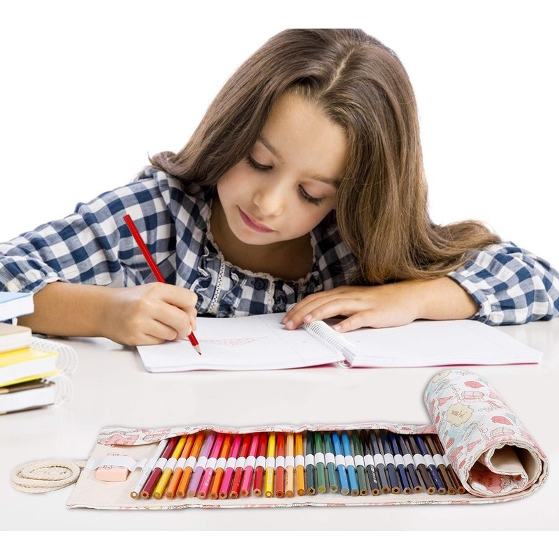 MengH-SHOP Canvas Pen Roll 72 Holes Coloured Pencils Pencil Case