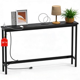 FAMIDGE 35'' High Behind Couch Table, Narrow Console Table with Outlet, Sofa Table for Entryway Hallway, Living Room, Black