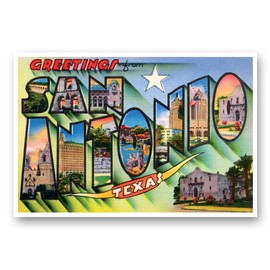 GREETINGS FROM SAN ANTONIO, TX vintage reprint postcard set of 20 identical postcards. Large Letter San Antonio, Texas city name post card pack (ca. 1930's-1940's). Made in USA.
