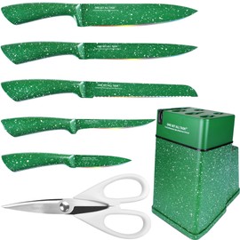 Knife Block Set, Professional Chef Knives Set With Knife Holder, Green Color Stainless Steel Knife, Meat Cleaver Slicing Cooking Kitchen Knife Kit