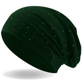 Hatstar Women’s Beanie Hat with Elegant Appliqué Rhinestone Studs, Girls’ Hat Elastic, Long Slouch Beanie, Light and Soft - dark green