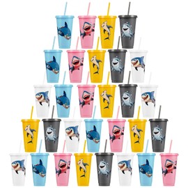 YLFYCOM 30 Pcs Shark Party Favor Ocean Shark Party Cups with Lid Straw 24 oz Plastic Drink Cups Reusable Bulk Shark Tumblers for Ocean Animal Theme Party Supplies Birthday Party Gifts