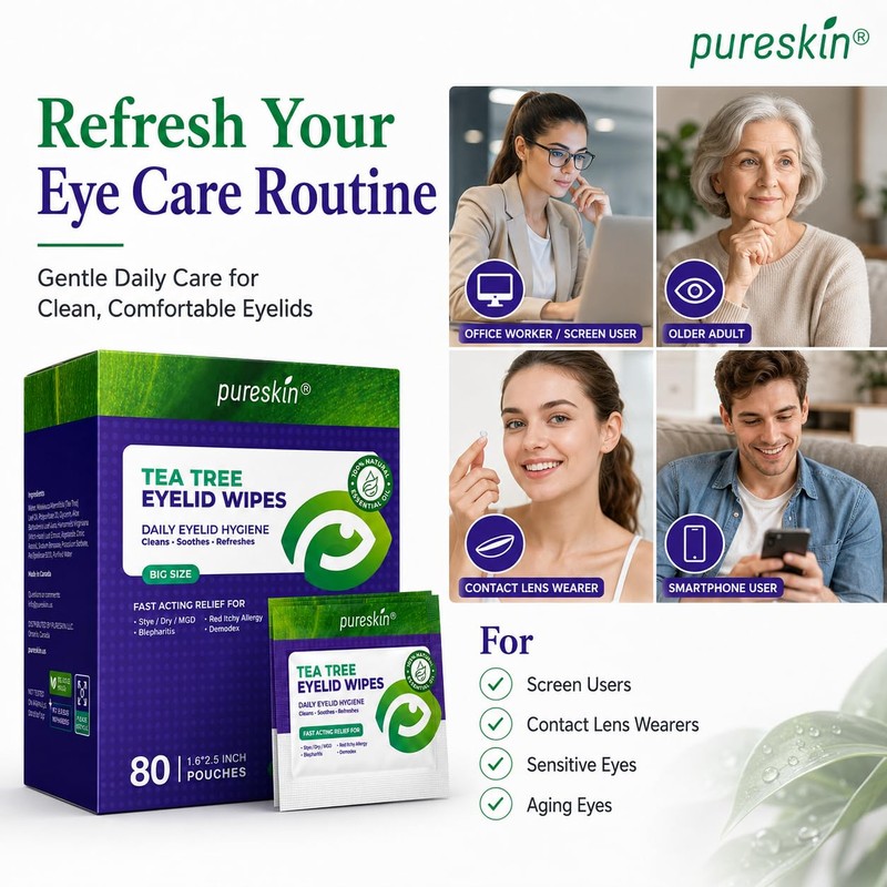 Pureskin Eyelid Wipes with Tea Tree Oil - 80 Eye