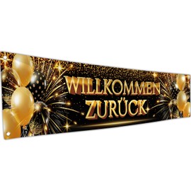 Willkommen Zurück Banner 180 x 40 cm – Herzlich Willkommen Girlande – Willkommen Zuhause Deko – Lebendiger Digitaldruck – 110 Den Polyester – Doppelnaht (Schwarz & Gold)