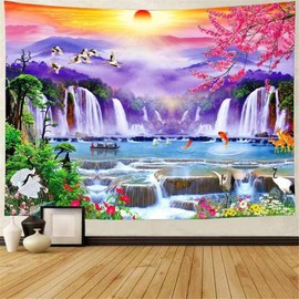 FENDROM Mountain and Sunset Tapestry Wall Hanging Forest Trees Tapestry Waterfall Lake Art Tapestry Nature Landscape Home Decor for Room