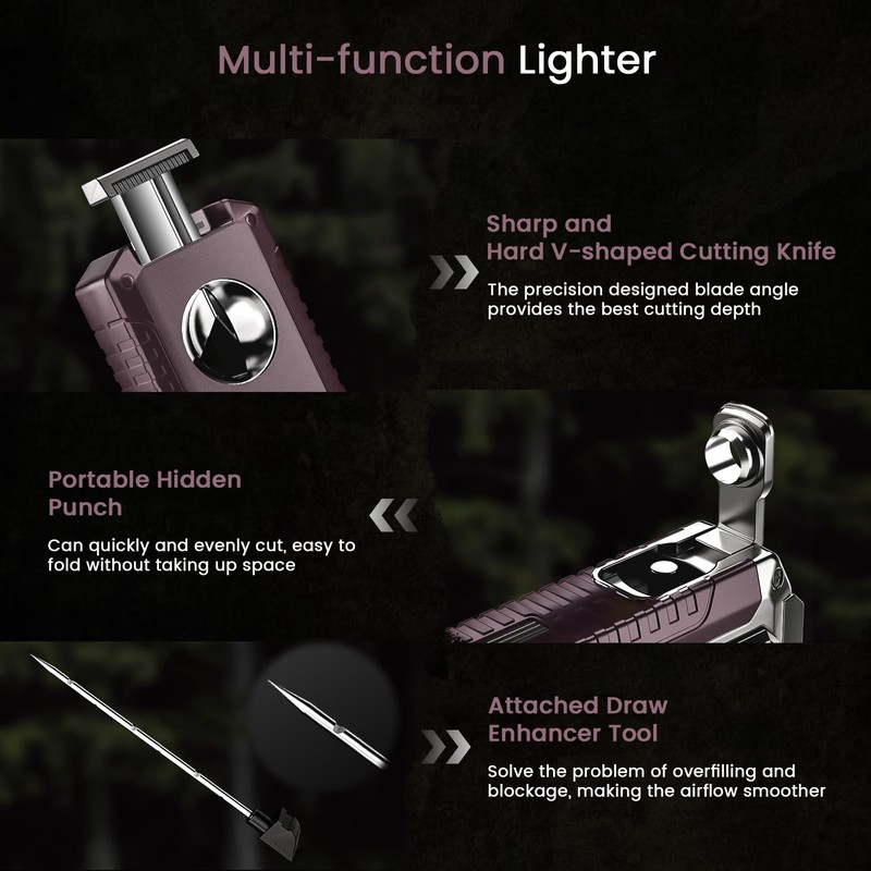5-in-1 Butane Torch Lighter with Punch, Holder, Draw Enhancer and