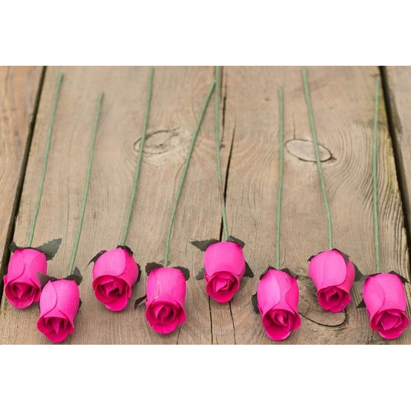 Hot Pink Bunch of 8 Closed Bud Wooden Roses for