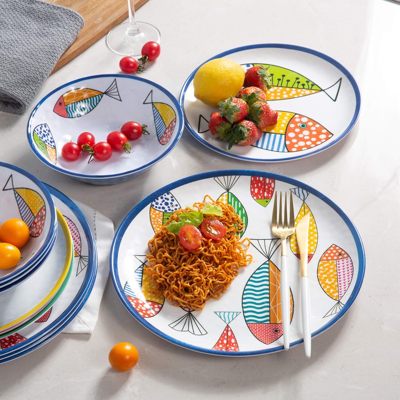Gofunfun Melamine Dinnerware set for 4, Plates and Bowls Sets,