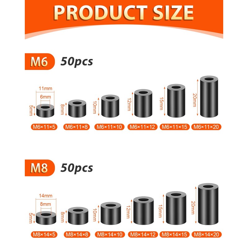 Pack of 50 Spacer Sleeves M6, Jeboler ABS Spacers, Plastic,