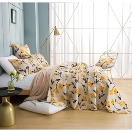 DaDa Bedding Fresh Botanical Bedspread Quilt - Yellow Fleur Floral Tulips Quilted Coverlet Set - Scalloped Edges Bright Vibrant Ivory Cream - Queen Size - 3-Pieces