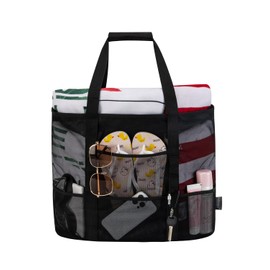 KABAQOO Large Beach Bag with Zip Mesh Beach Bags for Women Men Family with Pockets and Sandproof Bottom Travel Tote for Summer Holiday Pool Grocery Shopping, Medium Black