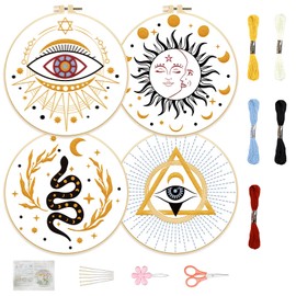 FREEBLOSS 4 Set 8'' Embroidery Kit for Beginners Divination Pattern Embroidery Kit with Instructions Full Kit of Embroidery Cloth 2 Embroidery Hoops 5 Colors Flosses