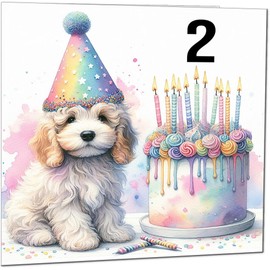 2nd Kids Birthday Card - Cute dog watercolour rainbow Birthday Card for 2 Year old Kids two, second