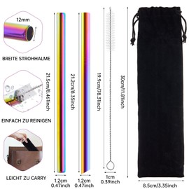 Pack of 10 Stainless Steel Straws, Extra Wide Bubble Tea Straws, Stainless Steel Straws, Reusable, Rainbow Metal Drinking Straws with 2 Cleaning Brushes, Dishwasher Safe, Ideal for Smoothies (A)