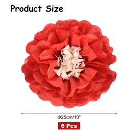 Rebower 6 Pcs Bright Red Tissue Paper Pom Poms, 10" 3D Artificial Decorative Flowers for DIY Crafting Wall Wedding Birthday Party Decorations