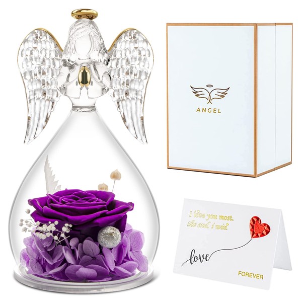 Miofula Preserved Real Rose Angel Gifts for Women, Forever Rose in Glass Angel Figurines Gifts for Mum, Angel Rose Birthday Gifts for Her Grandma Wife on Christmas Valentine Mother's Day Anniversary