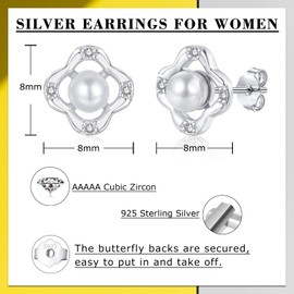Bewenda Women's 925 Sterling Silver Stud Earrings, 925 Sterling Silver, Daisy Cherry Blossom Stud Earrings, Hypoallergenic Flower Stud Earrings with Pearl, Small Earrings Silver 925 Stud Earrings for