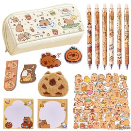Cute Capybara Pencil Case Set, Capybara Pencil Holder with Gel Pens, Brooch Pins, Stickers, Magnetic Bookmarks, Notepads Capybara Stationery Set