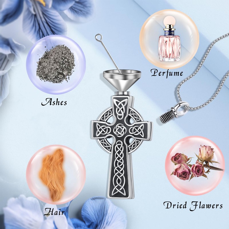 DRINSPER Urn Necklace for Ashes Celtic Cross Cremation Jewelry 925