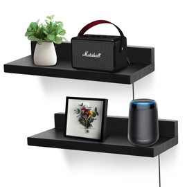 NIUBEST Small Floating Wall Shelf, 9 Inch Wall Shelf with Cable Opening, Small Display Shelves for Cameras, Webcam, Router, Smart Speaker, Action Figures - 2 Pack (Black)