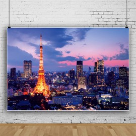 Laeacco 10x8ft Japan Tokyo Tower Backdrop Skyscrapers Nightscape Tokyo City Night View Backdrop Nightfall Dusk Birthday Carnival Party Background Aerial View Downtown Adults Portrait Video Props
