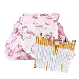 Drawstring Makeup Bag GLAMZA ‘Lazy’ Cosmetics Makeup Pouch Storage Organiser for Women & Girls (Pink) - from Flat Makeup Bag to Structured Travel Makeup Bag in Seconds Inc 20pc Brush Set