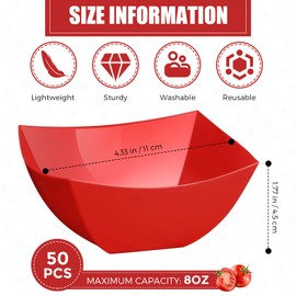 Tanlade 50 Pcs Square Plastic Serving Bowls Disposable Snack Salad Bowl Small Party Candy Bar Containers Taco Bar Serving Dishes for Buffet Chips Fruit(8 oz,Red)