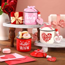 Nitial 3 Pcs Valentine Day Tiered Tray Decoration Ceramic Canister Valentine Bowl Candy Holder with Buffalo Plaid Bowknot Decorative Jar Decorative for Farmhouse Table Home
