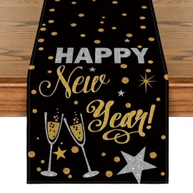 Artoid Mode Happy New Year, Frohes Neues Jahr 2024 Table Runner, Seasonal Winter Kitchen Table Decoration, Indoor, Holiday, Party Decor, 40 x 140 cm